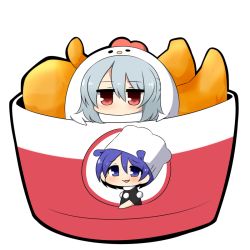 Rule 34 | animal ears, blue hair, bucket, chef hat, chibi, chicken (food), chicken costume, doremy sweet, fried chicken, hat, kishin sagume, pom pom (clothes), red eyes, silver hair, tapir ears, touhou, twumi