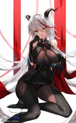 Rule 34 | 1girl, :d, aegir (azur lane), azur lane, bare shoulders, black gloves, black skirt, black thighhighs, bodystocking, breast curtains, breasts, corset, covered navel, cross, earrings, elbow gloves, gloves, hair between eyes, hand on own face, high-waist skirt, highres, horns, hwansang jungdog, impossible clothes, iron cross, jewelry, large breasts, long hair, looking at viewer, miniskirt, multicolored hair, no shoes, open mouth, red hair, silver hair, single earring, sitting, skirt, smile, solo, streaked hair, thighhighs, twitter username, two-tone hair, upskirt, very long hair, yellow eyes, yokozuwari