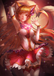 Rule 34 | 1girl, ahri (league of legends), animal ears, arm up, armpits, blonde hair, breasts, cowboy shot, fox ears, fox girl, fox tail, hair ornament, kyoungi nyang, league of legends, long hair, looking to the side, magical girl, nail polish, parted lips, pink lips, pink nails, skirt, solo, sparkle, star guardian (league of legends), star guardian ahri, swept bangs, tail, thighhighs, very long hair, yellow eyes, zettai ryouiki