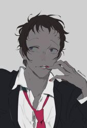 Rule 34 | 1boy, adachi tooru, black hair, black jacket, collared shirt, commentary, english commentary, finger in own mouth, grey background, grey eyes, hand up, jacket, kaninn, long sleeves, looking to the side, male focus, nail polish, necktie, open mouth, persona, persona 4, red nails, red necktie, shirt, short hair, simple background, solo, teeth, twitter username, upper body, white shirt