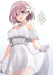 Rule 34 | 1girl, absurdres, bare shoulders, blue eyes, blush, cowboy shot, dress, fate/grand order, fate (series), flower, gloves, hair flower, hair ornament, hair over one eye, highres, looking at viewer, mash kyrielight, mash kyrielight (formal dress), official alternate costume, open mouth, purple hair, short hair, shunichi, smile, solo, thighs, white dress, white flower, white gloves