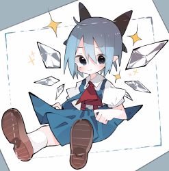 Rule 34 | 1girl, ahoge, ascot, blue bow, blue dress, blue eyes, blue hair, blue skirt, blue vest, blush, bow, brown footwear, cirno, collared shirt, commentary request, dress, fairy, full body, hair between eyes, hair bow, highres, ice, ice wings, loafers, looking at viewer, nacht musik, pointy ears, red ascot, shirt, shoes, short hair, sidelocks, sitting, skirt, socks, solo, sparkle, touhou, vest, white shirt, white socks, wing collar, wings