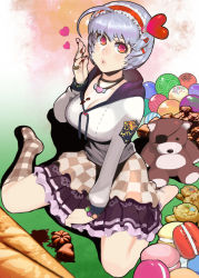 Rule 34 | 1girl, ahoge, blowing kiss, breasts, candy, checkered clothes, checkered skirt, choker, cleavage, commentary, food, hairband, heart, jewelry, large breasts, lips, macaron, narrow waist, necklace, original, red eyes, ring, silver hair, sitting, skirt, solo, steward b, stuffed animal, stuffed toy, teddy bear, wariza