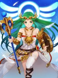 Rule 34 | 1girl, ancient greek clothes, bare shoulders, blush, breasts, chiton, cleavage, dress, green eyes, green hair, highres, jewelry, kamu (kamuuei), kid icarus, long hair, looking at viewer, medium breasts, neck ring, necklace, nintendo, palutena, shield, smile, solo, staff, super smash bros., thighhighs, tiara, very long hair, wings
