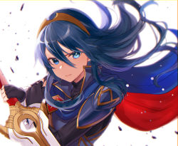 Rule 34 | 1girl, black gloves, blue eyes, blue hair, cape, closed mouth, falchion (fire emblem), fingerless gloves, fire emblem, fire emblem awakening, gloves, haru (nakajou-28), holding, holding sword, holding weapon, long hair, lucina (fire emblem), nintendo, solo, sword, tiara, upper body, weapon