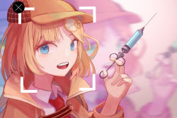 Rule 34 | 1girl, blonde hair, blue eyes, clip studio paint (medium), close-up, commentary, english commentary, facial recognition, hat, highres, holding, holding syringe, hololive, hololive english, looking at viewer, medium hair, mrstomachache, open mouth, syringe, virtual youtuber, watson amelia, watson amelia (1st costume)
