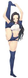 Rule 34 | 1girl, arms up, black hair, breasts, brown eyes, character request, closed mouth, female focus, full body, highres, leg lift, long hair, looking at viewer, mahouka koukou no rettousei, murata tefu, navel, saegusa mayumi, simple background, smile, solo, split, standing, standing on one leg, thighhighs, white background