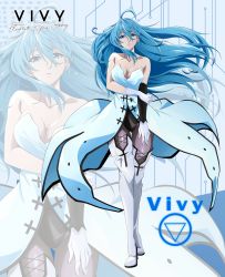 Rule 34 | 1girl, ahoge, asymmetrical sleeves, black leotard, black sleeves, blue gemstone, blue hair, boots, breasts, character name, cleavage, collarbone, copyright name, detached sleeves, dress, earrings, floating hair, front slit, full body, gem, gloves, grey pantyhose, hair between eyes, highres, jewelry, large breasts, leotard, long hair, long sleeves, pantyhose, parted lips, shiny clothes, shiny legwear, single sleeve, solo, sparkle, standing, strapless, strapless dress, tanaka (vucc2522), thigh boots, very long hair, vivy, vivy: fluorite eye&#039;s song, white dress, white footwear, white gloves, zoom layer