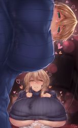 Rule 34 | 1boy, 2girls, absurdres, artoria pendragon (fate), artoria pendragon (lancer) (fate), artoria pendragon (lancer alter) (fate), blouse, blush, braid, breasts, brown hair, cum, cum on body, cum on breasts, cum on upper body, ejaculation, ejaculation under clothes, fate/grand order, fate (series), french braid, fujimaru ritsuka (male), green eyes, heart, heart-shaped pupils, highres, hirasawa seiji, huge breasts, looking at viewer, lying, multiple girls, naughty face, no pants, on back, on bed, paizuri, paizuri under clothes, shirt, smile, symbol-shaped pupils, text focus, unbuttoned, unbuttoned shirt, white shirt, yellow eyes