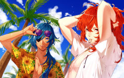 Rule 34 | 2boys, absurdres, alternate costume, blue eyes, blue hair, blue sky, blurry, blurry background, bracelet, cloud, commentary request, dark-skinned male, dark skin, diluc (genshin impact), eyepatch, eyewear on head, floral print, fuka (hk nemo), genshin impact, hair between eyes, hair tie in mouth, hawaiian shirt, highres, jewelry, kaeya (genshin impact), looking at viewer, mouth hold, multiple boys, necklace, open clothes, open mouth, open shirt, outdoors, palm tree, ponytail, red eyes, scar, scar on arm, scar on hand, shirt, short sleeves, sky, smile, sparkle, sunglasses, teeth, tinted eyewear, tree, tying hair, upper body, upper teeth only, white shirt, yellow shirt