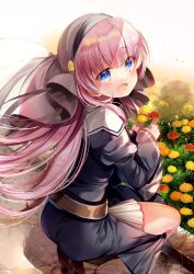 Rule 34 | 1girl, :d, black dress, blue eyes, blunt bangs, blush, chi no, child, commentary request, day, dress, eyelashes, eyes visible through hair, feet out of frame, floating hair, flower, garden, highres, holding, holding flower, juliet sleeves, kamisama ni natta hi, kneeling, long hair, long sleeves, looking at viewer, nun, open mouth, orange flower, outdoors, pink hair, puffy sleeves, satou hina (kamisama ni natta hi), sidelocks, smile, solo, straight hair, white headwear, wide sleeves, yellow flower