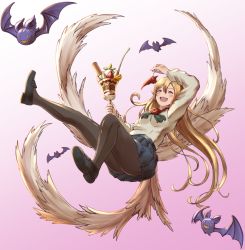 Rule 34 | 10s, 1girl, :d, arm up, bad id, bad pixiv id, bat (animal), black footwear, black pantyhose, blonde hair, blue skirt, brown eyes, cherry, commentary request, fang, food, fruit, full body, gradient background, granblue fantasy, haido (ryuuno kanzume), head wings, holding, holding food, loafers, long hair, long sleeves, low wings, open mouth, pantyhose, parfait, pink background, pleated skirt, shingeki no bahamut, shirt, shoes, skirt, smile, strawberry, tail, vampy, very long hair, white shirt, white wings, wings
