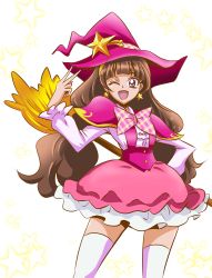 Rule 34 | 1girl, ;d, absurdres, amanogawa kirara, arudebido, bad anatomy, bad hands, bow, broom, brown hair, cosplay, cowboy shot, earrings, go! princess precure, hat, highres, jewelry, long hair, looking at viewer, mahou girls precure!, one eye closed, open mouth, pink hat, pink skirt, plaid, plaid bow, poorly drawn, precure, purple eyes, skirt, smile, solo, standing, star (symbol), star earrings, thighhighs, twintails, white thighhighs, witch hat