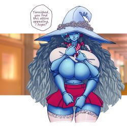 Rule 34 | 1girl, blue eyes, blue skin, breasts, colored skin, curvy, elden ring, extra arms, female focus, gigantic breasts, hat, long hair, multiple arms, n647, narrow waist, one eye closed, ranni the witch, solo, thick thighs, thighhighs, thighs, underboob, very long hair, wide hips, witch hat