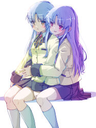 Rule 34 | 2girls, akayama yukihe, angel beats!, arm at side, arms around waist, arms at sides, black skirt, blazer, blush, commentary request, dual persona, eyes visible through hair, feet out of frame, highres, hug, hug from behind, jacket, kneehighs, long hair, long sleeves, looking at viewer, miniskirt, multiple girls, multiple persona, neck ribbon, open mouth, pleated skirt, red eyes, ribbon, school uniform, sidelighting, sidelocks, simple background, sitting, skirt, smile, socks, tachibana kanade, white background, white hair, white socks, yellow eyes, yellow jacket, yellow ribbon
