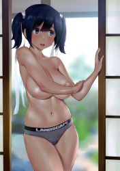 Rule 34 | 1girl, blue eyes, blue hair, blurry, blurry background, blush, breasts, commentary, cowboy shot, hair between eyes, hair ribbon, highres, kantai collection, large breasts, looking away, navel, open mouth, panties, panties only, ribbon, short hair, short twintails, shouji, sliding doors, solo, souryuu (kancolle), sweat, nervous sweating, twintails, underwear, wa (genryusui)