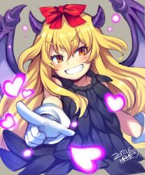Rule 34 | bajel, blonde hair, blush, bow, brave dungeon, dated, gloves, hair bow, heart, horns, iroyopon, long hair, looking at viewer, majin shoujo, open mouth, orange eyes, red bow, signature, smile, solo, white gloves, wings