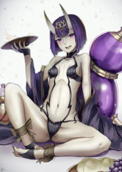 Rule 34 | 1girl, :d, alcohol, ankle ribbon, barefoot, barefoot sandals (jewelry), breasts, collarbone, commentary request, cup, fangs, fate/grand order, fate (series), fingernails, food, fruit, gourd, grapes, highres, horns, jewelry, kakekcaboel, leg ribbon, looking at viewer, navel, open mouth, peach, purple eyes, purple hair, ribbon, sakazuki, sake, sharp fingernails, sharp toenails, short hair, shuten douji (fate), shuten douji (first ascension) (fate), sitting, skin-covered horns, small breasts, smile, solo, teeth, toe ring, toenails