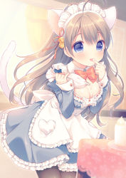 Rule 34 | 1girl, :p, ahoge, animal ears, apron, bell, black pantyhose, blue eyes, bow, bowtie, breasts, brown hair, cake, cat ears, cat tail, cleavage, cleavage cutout, clothing cutout, cowboy shot, cream, dress, food, hair bell, hair ornament, hairband, indoors, kitchen, licking, licking finger, long sleeves, looking at viewer, maid, maid apron, moe2015, original, pantyhose, pastry bag, red bow, red bowtie, ribbon-trimmed clothes, ribbon trim, solo, standing, table, tail, tasting, tongue, tongue out, tube, usashiro mani