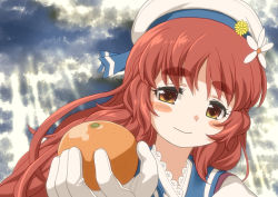 Rule 34 | 1girl, blue sailor collar, blush stickers, brown eyes, cloud, cloudy sky, commentary request, day, flower, food, fruit, gloves, hair flower, hair ornament, harukaze unipo, hat, holding, holding food, holding fruit, kantai collection, long hair, looking at viewer, orange (fruit), outdoors, parody, red hair, sailor collar, sailor hat, sky, smile, solo, upper body, white flower, white gloves, white hat, yashiro (kancolle), yellow flower