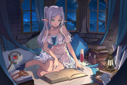 Rule 34 | 1girl, bare shoulders, barefoot, book, commentary request, detached sleeves, dress, frieren, green eyes, grey hair, highres, indoors, long hair, pointy ears, see-through, short sleeves, sitting, solo, sousou no frieren, staff, twintails, very long hair, white dress, window, zhax