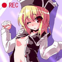 Rule 34 | 1girl, blonde hair, breasts, female focus, hat, jpeg artifacts, lowres, lunasa prismriver, miuku (marine sapphire), no bra, oekaki, open clothes, open shirt, recording, red eyes, shirt, small breasts, solo, touhou, viewfinder, wet