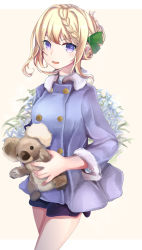 Rule 34 | 1girl, absurdres, animal, blonde hair, braid, braided bangs, green vest, hair bun, highres, himeyamato, holding, holding stuffed toy, kantai collection, looking at viewer, perth (kancolle), purple eyes, self-upload, short hair, single hair bun, smile, solo, stuffed toy, vest