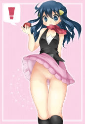 Rule 34 | !, 1girl, bare shoulders, black shirt, black socks, blue eyes, blue hair, blush, breasts, chestnut mouth, clothes lift, collarbone, creatures (company), dawn (pokemon), embarrassed, female focus, game freak, gluteal fold, hair between eyes, hair ornament, hairclip, hand up, holding, holding poke ball, kneehighs, long hair, looking at viewer, matching hair/eyes, miniskirt, momosemocha, nintendo, no panties, open mouth, pink background, pink skirt, poke ball, poke ball (basic), pokemon, pokemon dppt, pussy, red scarf, scarf, shirt, skirt, skirt lift, sleeveless, sleeveless shirt, small breasts, socks, solo, speech bubble, spoken exclamation mark, standing, surprised, teeth, thigh gap, uncensored, wind, wind lift