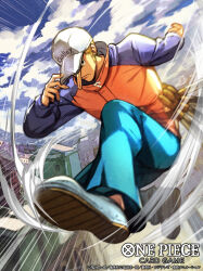 Rule 34 | 1boy, baseball cap, black eyes, blonde hair, closed mouth, cloud, cloudy sky, commentary request, english text, full body, hat, hat over one eye, kaku (one piece), long nose, long sleeves, male focus, nijihayashi, official art, one eye covered, one piece, outdoors, short hair, sky, solo, translation request, white hat