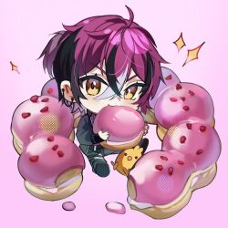 1boy belt black_jacket black_nails black_pants blush chibi doppio_dropscythe doppio_dropscythe_(1st_costume) doughnut ear_chain earrings eating food highres holding holding_food icing jacket jewelry leg_belt long_sleeves macaron male_focus mellowone multicolored_hair multiple_belts nail_polish nijisanji nijisanji_en pants piercing pink_background purple_hair simple_background sitting solo sparkle sprinkles streaked_hair virtual_youtuber white_belt yellow_eyes