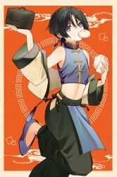 Rule 34 | 1boy, absurdres, aomiya souju, apron, arm up, bamboo steamer, baozi, black hair, black pants, blue apron, blue eyes, blue footwear, blue shirt, border, chinese clothes, choppy bangs, commentary request, crop top, cropped jacket, earrings, eyeshadow, flats, food, food in mouth, genshin impact, gold trim, hair between eyes, hand up, highres, hip vent, holding, holding food, jacket, jacket partially removed, jewelry, leg up, long sleeves, looking at viewer, makeup, male focus, mandarin collar, meandros, mouth hold, open clothes, open jacket, outside border, pants, red background, red eyeshadow, scaramouche (genshin impact), shirt, shoes, short hair, sidelocks, simple background, sleeveless, sleeveless shirt, solo, tassel, tassel earrings, waist apron, wanderer (genshin impact), white border, white jacket, wide sleeves
