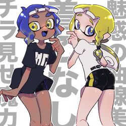 Rule 34 | 2girls, :d, ass, bike shorts, black shirt, black shorts, blonde hair, blue eyes, blue hair, blue pupils, braid, closed mouth, commentary request, dark-skinned female, dark skin, fangs, highres, inkling, inkling girl, inkling player character, long hair, looking at viewer, looking back, multiple girls, nintendo, open mouth, ore is xtai, pointy ears, print shirt, shirt, short hair, short shorts, shorts, simple background, single braid, skin fangs, smile, splatoon (series), splatoon 3, standing, tentacle hair, thick eyebrows, translation request, white background, white shirt, yellow eyes, yellow pupils