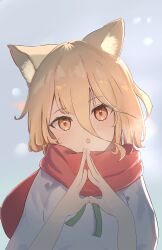 Rule 34 | 1girl, absurdres, animal ears, blonde hair, breath, commentary request, finger touching, fox ears, fox girl, fox tail, green ribbon, head tilt, highres, kudamaki tsukasa, open mouth, outdoors, red scarf, ribbon, romper, scarf, short hair, solo, tail, tentyuu th, touhou, white romper, yellow eyes