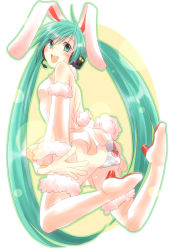 Rule 34 | 1girl, :d, animal ears, aqua hair, boots, rabbit ears, rabbit tail, detached sleeves, female focus, full body, green eyes, hashi moto, hatsune miku, headset, long hair, open mouth, panties, print panties, skirt, smile, solo, tail, thigh boots, thighhighs, twintails, underwear, very long hair, vocaloid