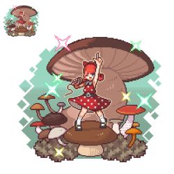 Rule 34 | 1girl, arm up, blue eyes, bow, collared dress, dithering, dress, female focus, giant mushroom, hair bow, holding, holding microphone, legs apart, microphone, mushroom, omunikin, one eye closed, open mouth, original, pixel art, polka dot, polka dot dress, red bow, red dress, red hair, shoes, socks, solo, standing, tiptoes