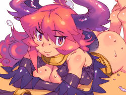 Rule 34 | 1girl, ass, bad id, bad pixiv id, barefoot, borrowed character, bottomless, breasts, demon girl, elbow gloves, gloves, horns, long hair, lying, maou beluzel, medium breasts, metata, on stomach, original, red eyes, red hair, simple background, smile, solo, yuusha to maou