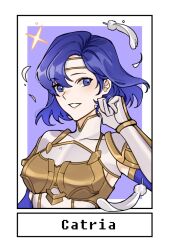 Rule 34 | 1girl, armor, blue eyes, blue hair, breastplate, catria (fire emblem), commentary request, feathers, fire emblem, fire emblem: mystery of the emblem, gloves, grin, headband, looking at viewer, nintendo, short hair, shoulder armor, silvercandy gum, smile, solo, upper body, white gloves