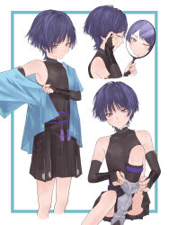 Rule 34 | 1boy, absurdres, androgynous, applying makeup, bare shoulders, bishounen, black bridal gauntlets, black hakama, black shirt, black shorts, black socks, blue border, blue jacket, border, bridal gauntlets, closed mouth, cropped legs, dressing, eyeshadow, feet out of frame, from side, genshin impact, hair ornament, hairclip, hakama, hakama shorts, hand mirror, highres, holding, holding mirror, jacket, japanese clothes, knee up, looking at mirror, looking at viewer, makeup, male focus, mandarin collar, mirror, multiple views, one eye closed, open clothes, open jacket, outside border, profile, purple eyes, purple hair, red eyeshadow, scaramouche (genshin impact), shirt, short hair, short sleeves, shorts, simple background, single bare shoulder, sleeveless, sleeveless shirt, socks, standing, tassel, upper body, wanderer (genshin impact), white background, yamabuki (yamabuki xxxxx)