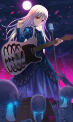 Rule 34 | 1girl, \n/, absurdres, amahara subaru, blue choker, blue dress, cheering, choker, cross, cross necklace, dress, electric guitar, eyes visible through hair, fantasy, fender telecaster, fingernails, flower, frilled dress, frills, full moon, glowing, goth fashion, gothic lolita, graveyard, guitar, hair between eyes, highres, instrument, jewelry, lolita fashion, long hair, microphone, moon, music, necklace, night, night sky, original, outdoors, parted lips, petals, pink moon, playing instrument, plectrum, red eyes, red flower, red rose, rose, skeleton, sky, solo focus, standing, tombstone, very long hair, white hair