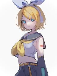 Rule 34 | 1girl, aqua eyes, arched back, bare shoulders, belt, blonde hair, bow, crop top, detached sleeves, flat chest, grey sailor collar, grey shorts, hair bow, hair ornament, hairclip, headphones, headset, highres, kagamine rin, katorea, leg warmers, midriff, navel, neckerchief, number tattoo, sailor collar, shirt, short hair, shorts, shoulder tattoo, signature, sleeveless, sleeveless shirt, solo, tattoo, treble clef, vocaloid, white bow, yellow neckerchief