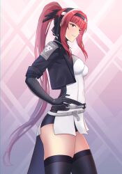 Rule 34 | 1girl, belt, black bodysuit, black hairband, black headband, black jacket, black thighhighs, bodysuit, breasts, cesvelox, covered navel, hairband, hands on own hips, headband, highres, jacket, long hair, mechanical arms, medium breasts, open clothes, open jacket, parted lips, ponytail, punishing: gray raven, red eyes, red hair, sidelocks, solo, thighhighs, two-tone bodysuit, vera: garnet (punishing: gray raven), vera (punishing: gray raven), very long hair, white bodysuit