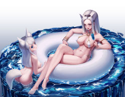 Rule 34 | 2girls, animal ear fluff, animal ears, artist name, ass, barefoot, bikini, black hairband, blade &amp; soul, blue eyes, blush, bracelet, breasts, cleavage, closed mouth, covering breasts, covering privates, crossed legs, cup, drinking glass, drinking straw, fox ears, fox tail, full body, gradient background, hairband, halterneck, highleg, highleg bikini, highres, holding, holding cup, holding drinking glass, innertube, jewelry, large breasts, letdie1414, long hair, looking at viewer, lying, lyn (blade &amp; soul), mole, mole under eye, multiple girls, navel, nude, o-ring, o-ring bikini, on back, open mouth, simple background, standing, swim ring, swimsuit, tail, tearing up, tongue, tongue out, wading, water, wet, white bikini