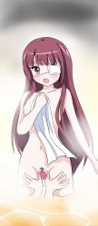 Rule 34 | 1girl, absurdres, blush, breasts, brown eyes, brown hair, eyebrows hidden by hair, eyepatch, hanazono yurine, highres, jashin-chan dropkick, navel, nipples, nude, open mouth, pussy, small breasts, spread pussy, standing, towel