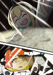 Rule 34 | 2koma, :d, ^ ^, absurdres, amano pikamee, arm up, artist name, black hairband, blonde hair, captainarmada, closed eyes, colored inner hair, comic, commentary, cyberpunk (series), cyberpunk edgerunners, english commentary, fading, fangs, furrowed brow, green hair, hair between eyes, hairband, hand up, highres, hikasa tomoshika, light rays, looking at another, moon, multicolored hair, off-shoulder shirt, off shoulder, open mouth, red hair, sanpaku, scene reference, sharp teeth, shirt, short hair, smile, spacesuit, teeth, twintails, two-tone hair, upper teeth only, virtual youtuber, voms, watermark, waving, white shirt