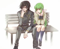 Rule 34 | 1boy, 1girl, bench, black jacket, black pants, blue legwear, brown hair, c.c., code geass, couple, covered mouth, creayus, green hair, hand on own face, heel up, jacket, lelouch vi britannia, long hair, long sleeves, looking at another, low twintails, pants, purple eyes, shoes, sitting, smile, smug, socks, spread legs, sweatdrop, twintails, yellow eyes