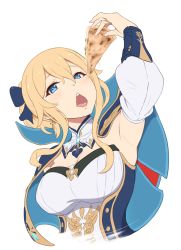 Rule 34 | 1girl, absurdres, arm up, armpits, blonde hair, blue eyes, bow, breasts, cleavage, cross, detached collar, detached sleeves, earrings, food, genshin impact, hair between eyes, hair bow, highres, jean (genshin impact), jewelry, looking at viewer, medium breasts, open mouth, pizza, pizza slice, ponytail, shirt, sleeveless, sleeveless shirt, solo, teeth, tongue, warabi yuuzou