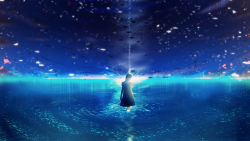 Rule 34 | 1girl, blue sky, blue theme, commentary request, highres, horizon, in water, light beam, night, night sky, ocean, original, ripples, scenery, short hair, silhouette, sky, soaking feet, solo, standing, star (sky), starry sky, very wide shot, wading, water surface, water world, y y (ysk ygc)