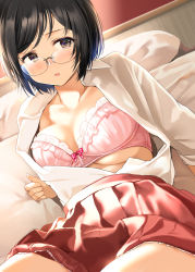 Rule 34 | 1girl, bed, black hair, bra, breasts, brown eyes, cleavage, collared shirt, commentary request, dutch angle, glasses, highres, large breasts, looking at viewer, looking over eyewear, nishizawa, on bed, open clothes, open shirt, original, parted lips, pillow, pink bra, pleated skirt, reclining, red skirt, shirt, short hair, skirt, solo, underwear, white shirt