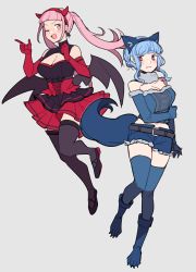 Rule 34 | 2girls, alternate costume, animal ears, belt, black dress, black eyes, blue gloves, blue hair, blush, breasts, claws, cleavage, demon horns, demon wings, do m kaeru, dress, earrings, elbow gloves, fake animal ears, fang, female focus, fire emblem, fire emblem: three houses, full body, gloves, halloween, halloween costume, hilda valentine goneril, horns, jewelry, large breasts, marianne von edmund, matching hair/eyes, multicolored clothes, multicolored dress, multiple girls, nintendo, one eye closed, pink eyes, pink hair, red dress, red gloves, shorts, simple background, tail, thighhighs, twintails, white background, wings, wink, wolf ears, wolf tail