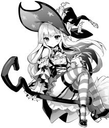 Rule 34 | 1girl, azur lane, bow, bowtie, broom, broom riding, candle, crossed legs, erebus (azur lane), erebus (wardrobe witchery) (azur lane), greyscale, hat, high heels, highres, hori (hori no su), long hair, monochrome, official alternate costume, pointy ears, sidesaddle, simple background, solo, striped clothes, striped legwear, striped thighhighs, thighhighs, white background, witch hat
